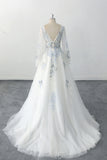 Romantic Boho Wedding Dress Blue Flower Embroidery V Neck Bridal Gown-Pgmdress