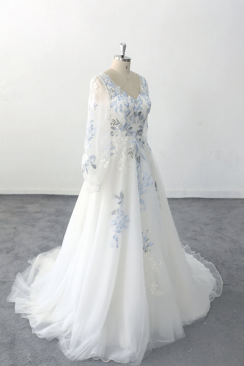 Romantic Boho Wedding Dress Blue Flower Embroidery V Neck Bridal Gown-Pgmdress