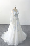 Romantic Boho Wedding Dress Blue Flower Embroidery V Neck Bridal Gown-Pgmdress