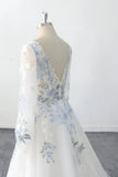 Romantic Boho Wedding Dress Blue Flower Embroidery V Neck Bridal Gown-Pgmdress