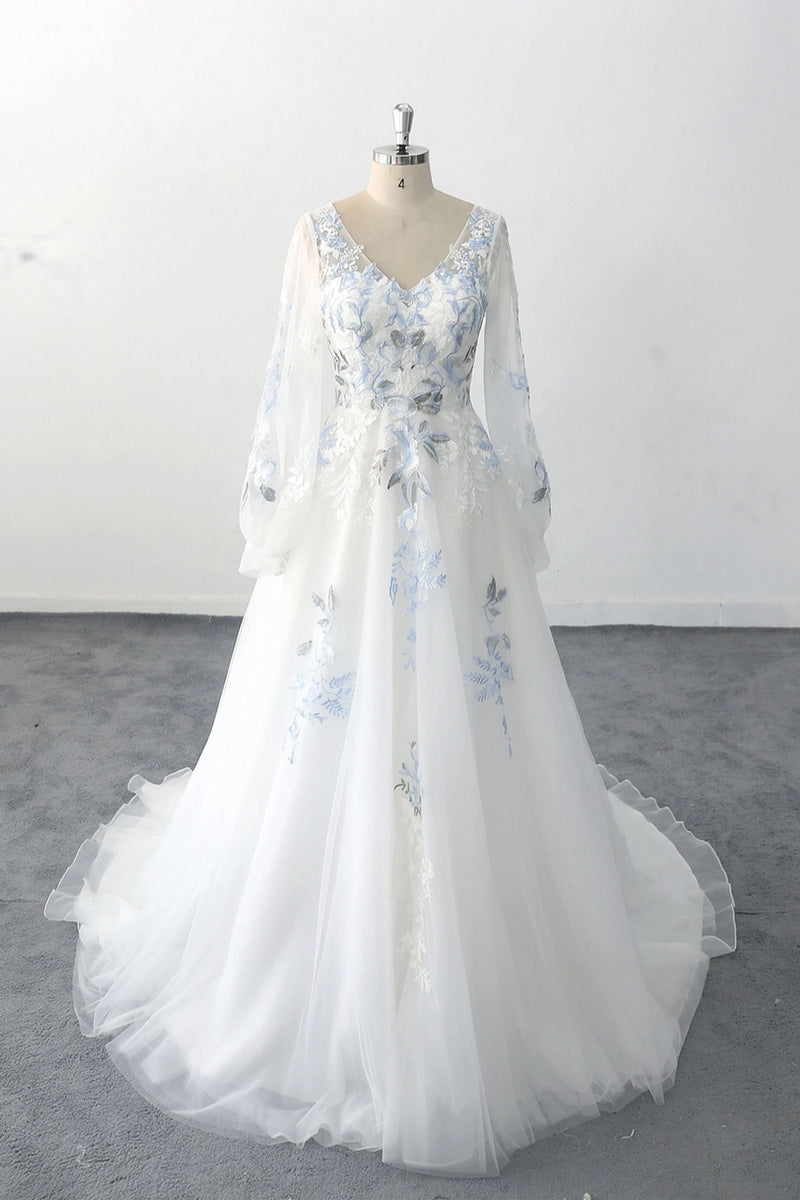Romantic Boho Wedding Dress Blue Flower Embroidery V Neck Bridal Gown-Pgmdress