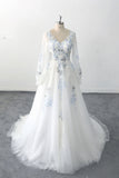 Romantic Boho Wedding Dress Blue Flower Embroidery V Neck Bridal Gown-Pgmdress