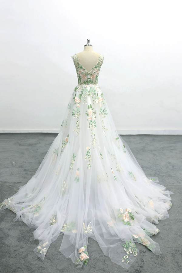 Romantic Forest Fairy Wedding Dress Green Lace Long Wedding Dress-Pgmdress