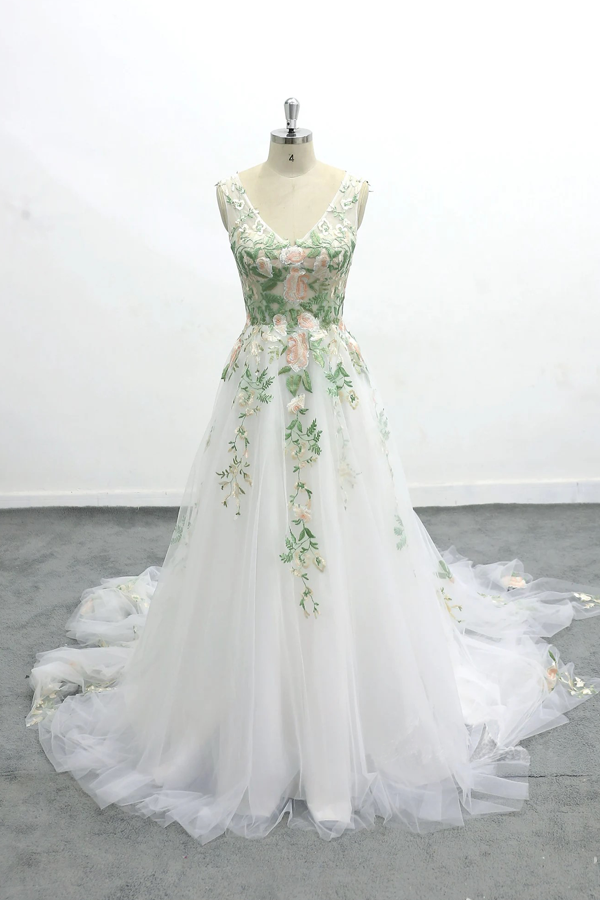 Romantic Forest Fairy Wedding Dress Green Lace Long Wedding Dress-Pgmdress