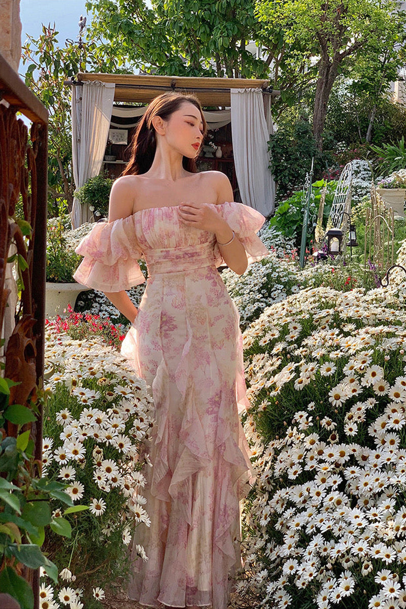Romantic Off-Shoulder Ruffle Maxi Dress Floral Prom Dress-Pgmdress