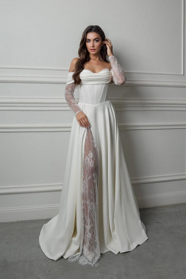 Romantic Off Shoulder Corset Wedding Dress With Long Lace Sleeves-Pgmdress