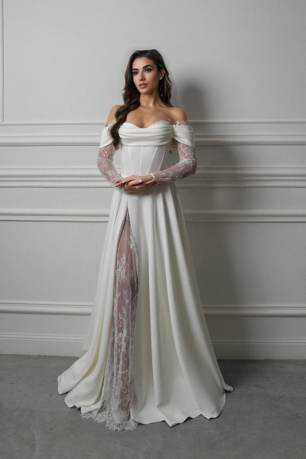 Romantic Off Shoulder Corset Wedding Dress With Long Lace Sleeves-Pgmdress