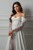 Romantic Off Shoulder Corset Wedding Dress With Long Lace Sleeves-Pgmdress