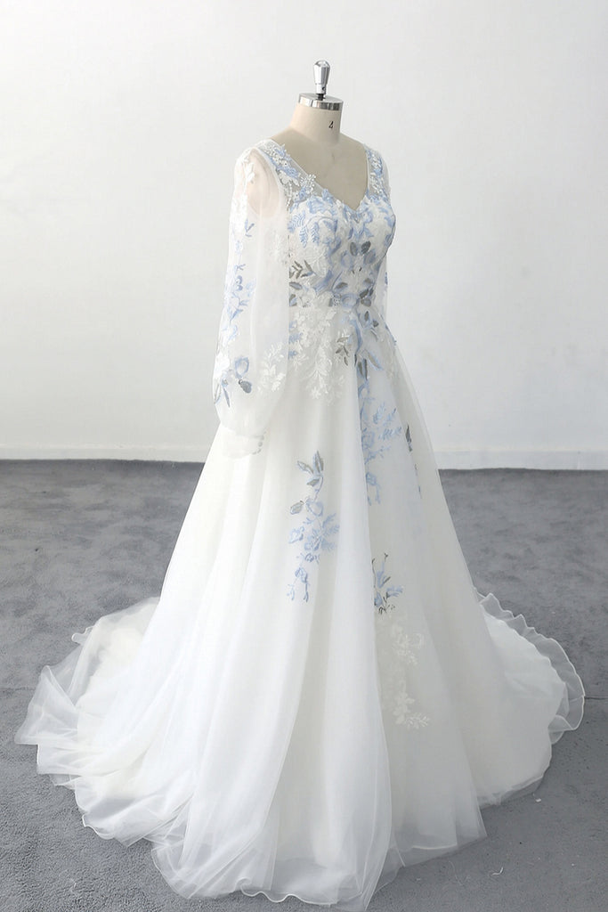 Romantic Boho Wedding Dress Blue Flower Embroidery V Neck Bridal Gown-Pgmdress