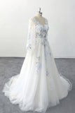 Romantic Boho Wedding Dress Blue Flower Embroidery V Neck Bridal Gown