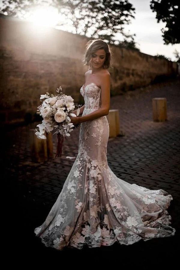 Romantic Mermaid Sweetheart Lace Boho Wedding Dress WD779-Pgmdress