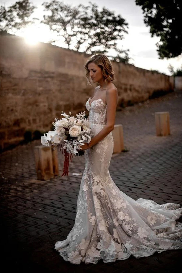 Romantic Mermaid Sweetheart Lace Boho Wedding Dress WD779-Pgmdress