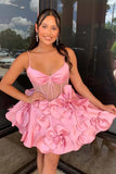 Rosette Straps Pink Corset Homecoming Dress Short Prom Dress PD515