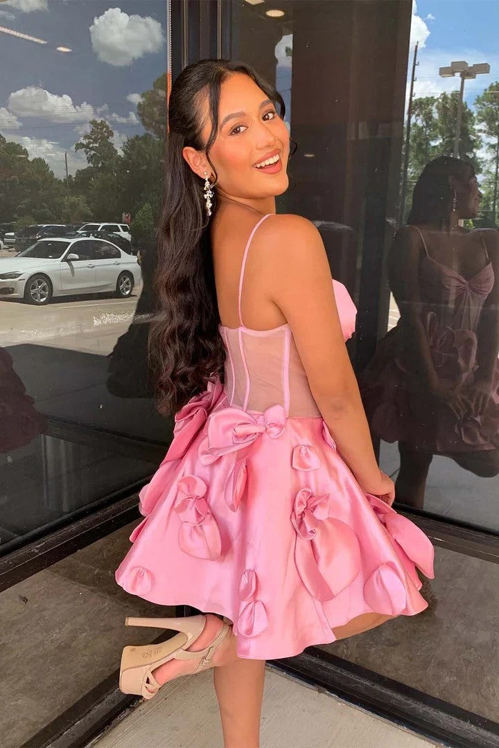 Rosette Straps Pink Corset Homecoming Dress Short Prom Dress PD515-Pgmdress