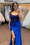 Royal Blue Lace-Up Floral Mermaid Satin Long Prom Dress with Slit PSK512-Pgmdress
