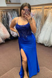 Royal Blue Lace-Up Floral Mermaid Satin Long Prom Dress with Slit PSK512-Pgmdress