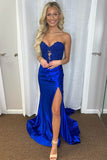 Royal Blue Lace Applique High Slit Mermaid Prom Dresses PSK547