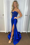 Royal Blue Lace Applique High Slit Mermaid Prom Dresses PSK547-Pgmdress