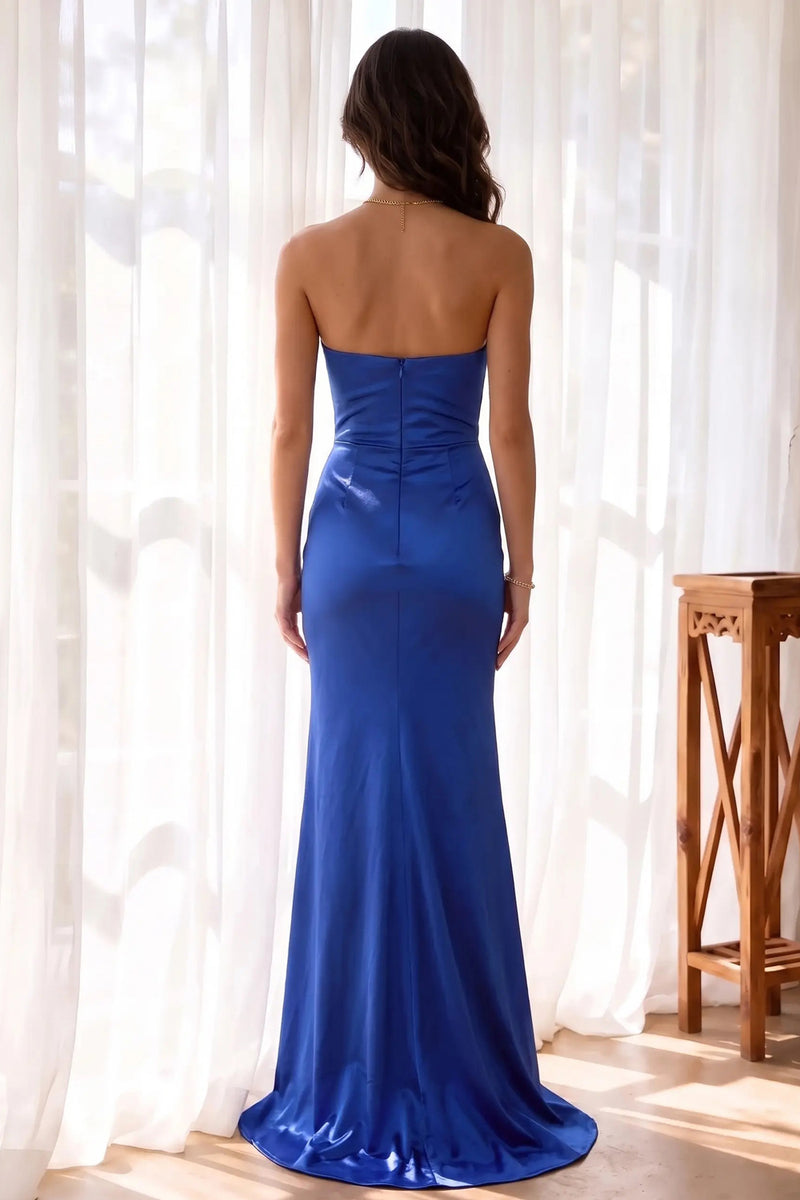 Royal Blue Satin Strapless Ruffled Long Prom Dress Party Dress with Slit-Pgmdress