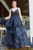 Royal Blue Sparkle Tulle V-Neck Multi-Layer Long Prom Dress PSK510-Pgmdress