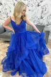 Royal Blue Sparkle Tulle V-Neck Multi-Layer Long Prom Dress PSK510-Pgmdress