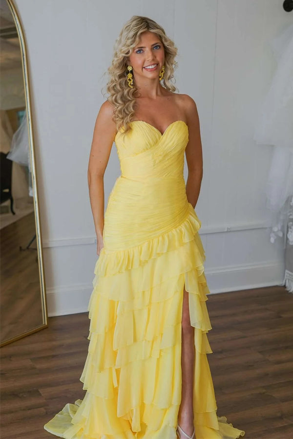 Ruched Ruffle Fitted Yellow Long Prom Dress with Slit  PSK576-Pgmdress