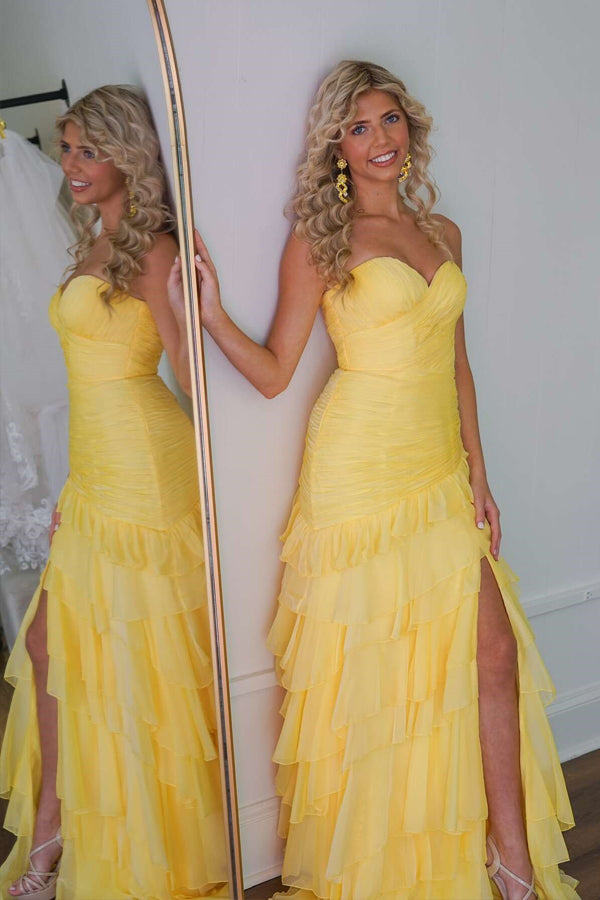 Ruched Ruffle Fitted Yellow Long Prom Dress with Slit  PSK576-Pgmdress
