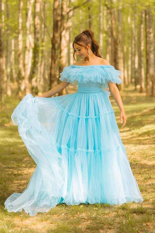 Ruffles Off the Shoulder Corset A-line Blue Prom Dress PSK570-Pgmdress