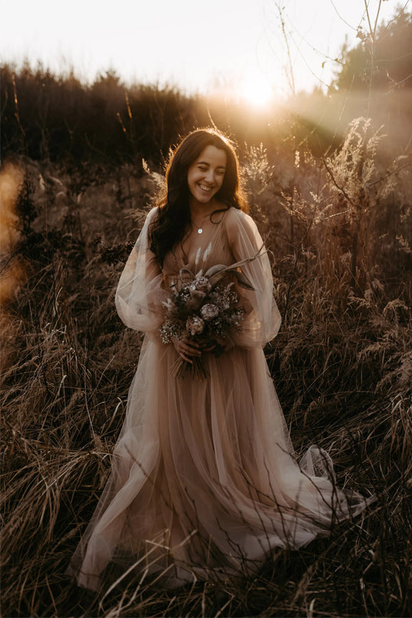 Rustic Wedding Dress With Long Sleeves Champagne Wedding Gown-Pgmdress