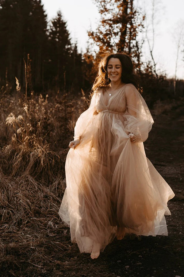 Rustic Wedding Dress With Long Sleeves Champagne Wedding Gown-Pgmdress