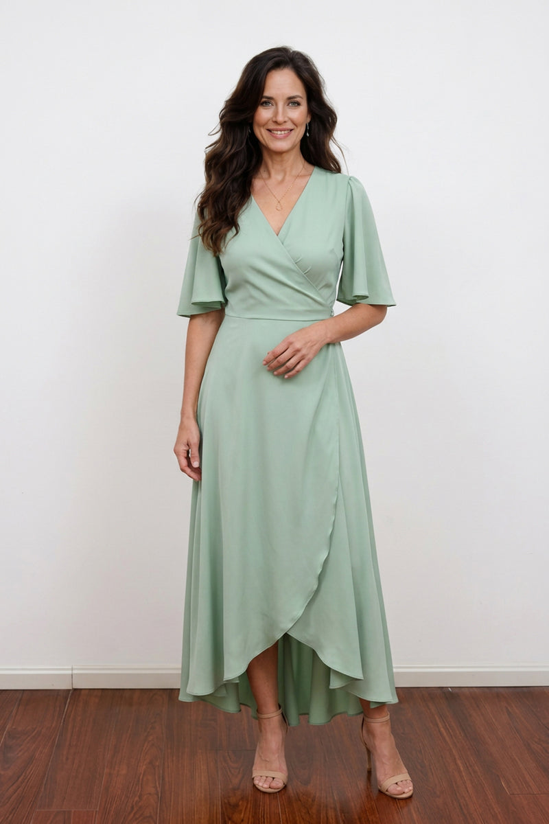 Sage Green Mother of the Bride Dress Flutter Sleeve Wrap Gown-Pgmdress