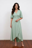 Sage Green Mother of the Bride Dress Flutter Sleeve Wrap Gown-Pgmdress