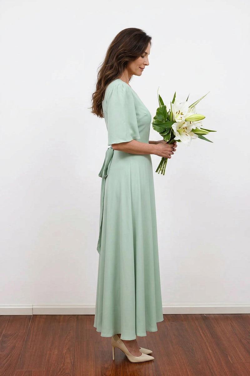 Sage Green Mother of the Bride Dress Flutter Sleeve Wrap Gown-Pgmdress