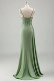 Sage Green Prom Dress Embroidered Corset High Slit Formal Gown-Pgmdress