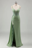 Sage Green Prom Dress Embroidered Corset High Slit Formal Gown-Pgmdress