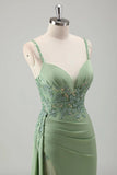 Sage Green Prom Dress Embroidered Corset High Slit Formal Gown-Pgmdress