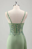 Sage Green Prom Dress Embroidered Corset High Slit Formal Gown-Pgmdress