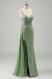 Sage Green Prom Dress Embroidered Corset High Slit Formal Gown-Pgmdress