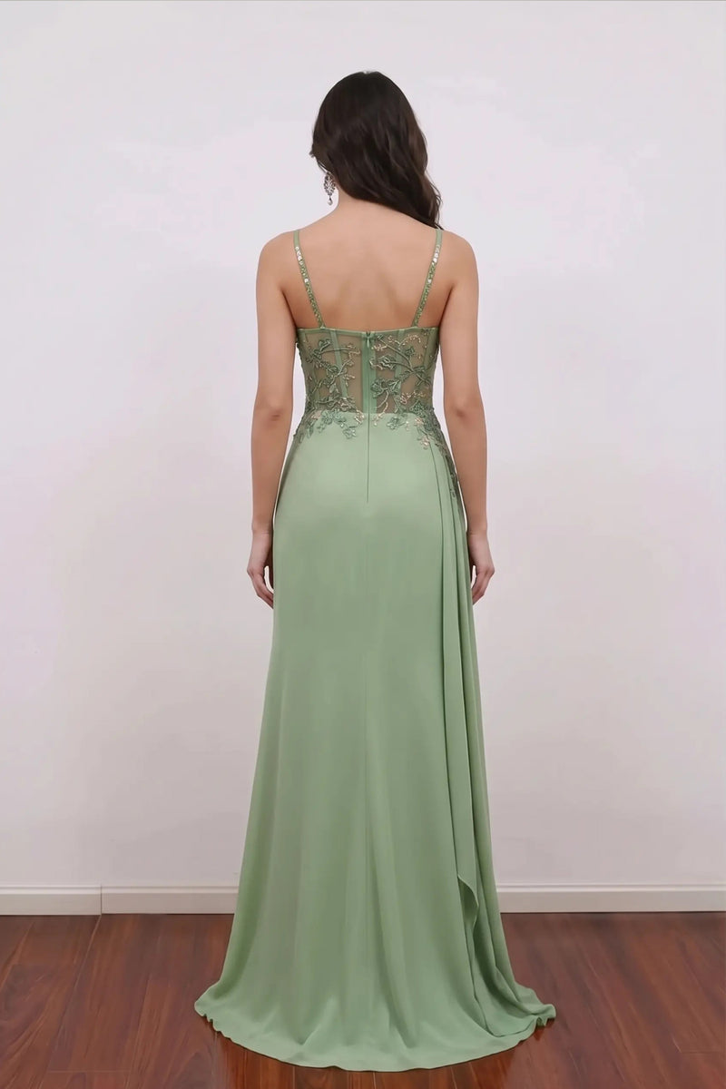 Sage Green Prom Dress Embroidered Corset High Slit Formal Gown-Pgmdress