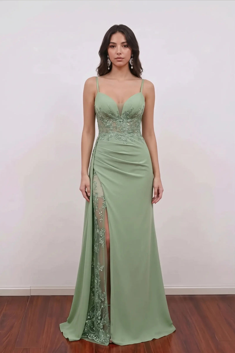 Sage Green Prom Dress Embroidered Corset High Slit Formal Gown-Pgmdress