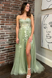 Sage Green Strapless Floral A-line Long Prom Dress with Slit PSK500