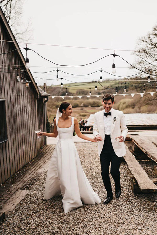 Satin A-Line Square Neck White Modest Wedding Dress WD737-Pgmdress