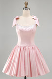 Satin Beaded A Line Pink Short Homecoming Dress with Bows-Pgmdress