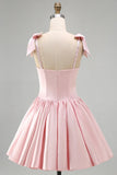 Satin Beaded A Line Pink Short Homecoming Dress with Bows-Pgmdress