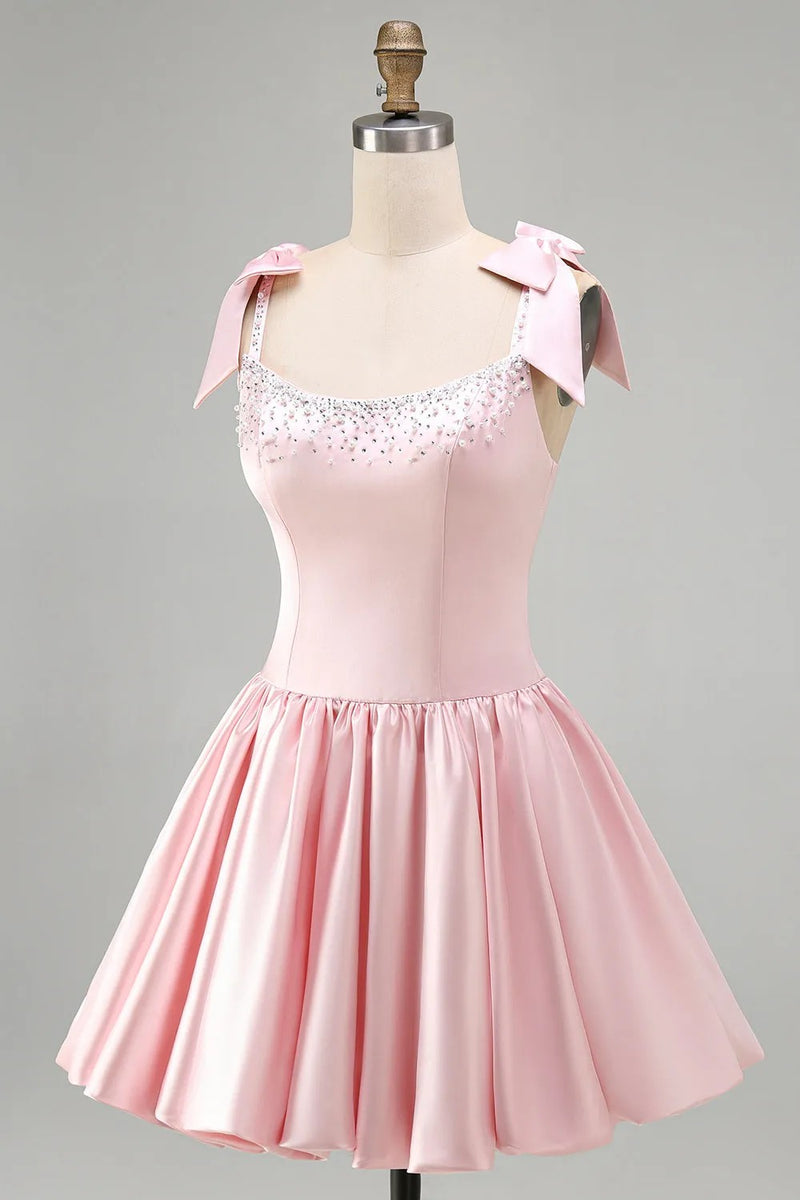 Satin Beaded A Line Pink Short Homecoming Dress with Bows-Pgmdress