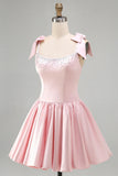 Satin Beaded A Line Pink Short Homecoming Dress with Bows-Pgmdress