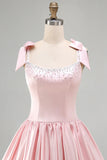 Satin Beaded A Line Pink Short Homecoming Dress with Bows-Pgmdress