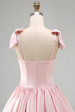 Satin Beaded A Line Pink Short Homecoming Dress with Bows-Pgmdress
