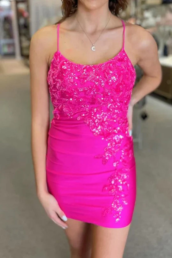 Satin Lace Appliques Lace Up Pink Bodycon Homecoming Dress-Pgmdress
