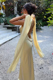 Satin Lace Up Bateau Sleeveless Maxi Yellow Prom Dress Party Dress-Pgmdress